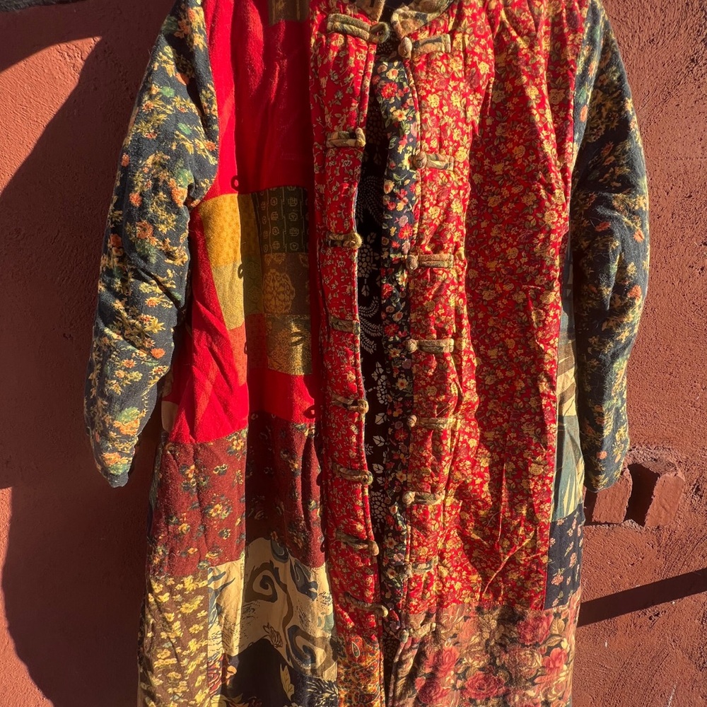 Vintage Red Floral Quilted Patchwork Trench Coat